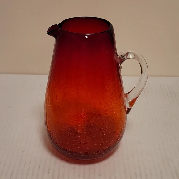 Vintage Hand Blown Ruby Red Crackled Glass Pitcher - Picture 2 of 16
